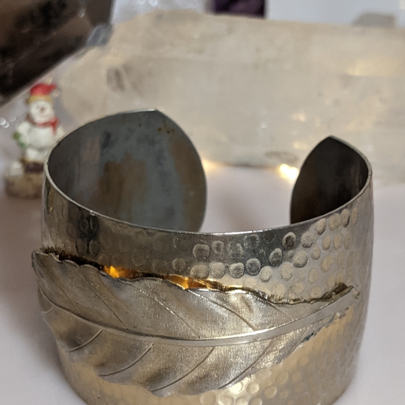 Wide Cuff, Hammered Brass Feather Bracelet - Picture 4 of 5